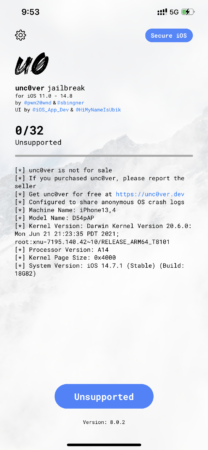 【提问】12 pm 14.7.1系统安装自签unc0ver 8.0.2后安装提示unsupported-苹果越狱众议院-苹果专区-质流