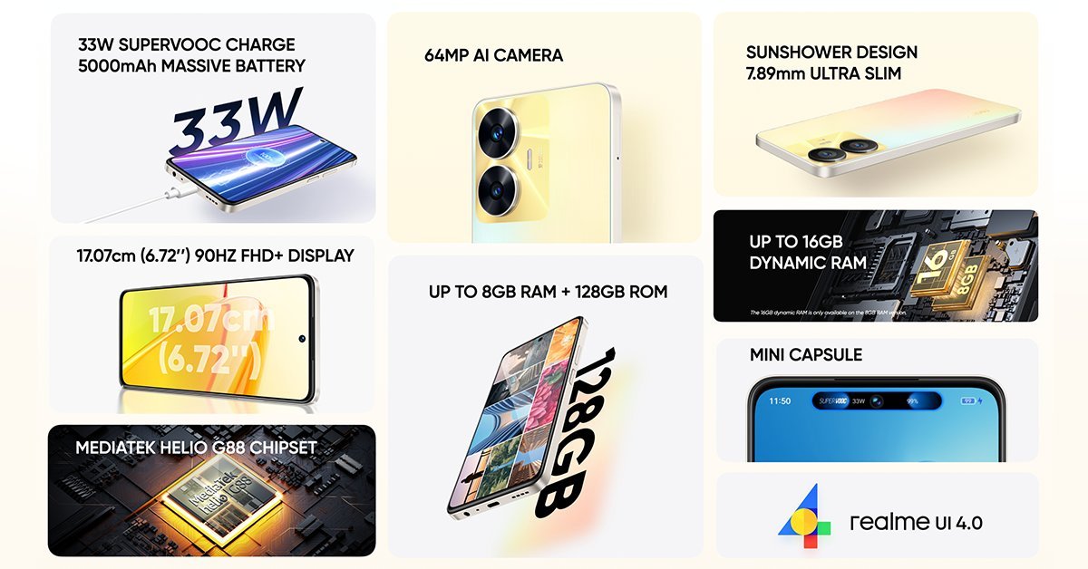 realme C55 Android Smart Island phone releases mini Capsule parameters specification configuration details price appearance